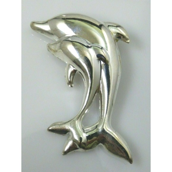 Dolphin Pendant Brooch Jewelry Set Pierced Earrings Silver Tone Vintage Shiny! - Picture 10 of 12